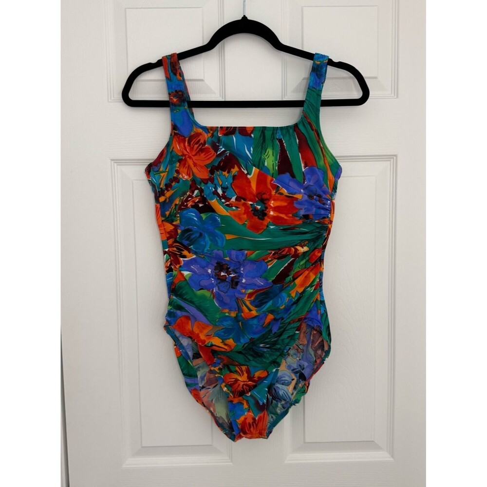 Miraclesuit Hawaiian Floral Hibiscus Square Cross Over One Piece Swimsuit US 14